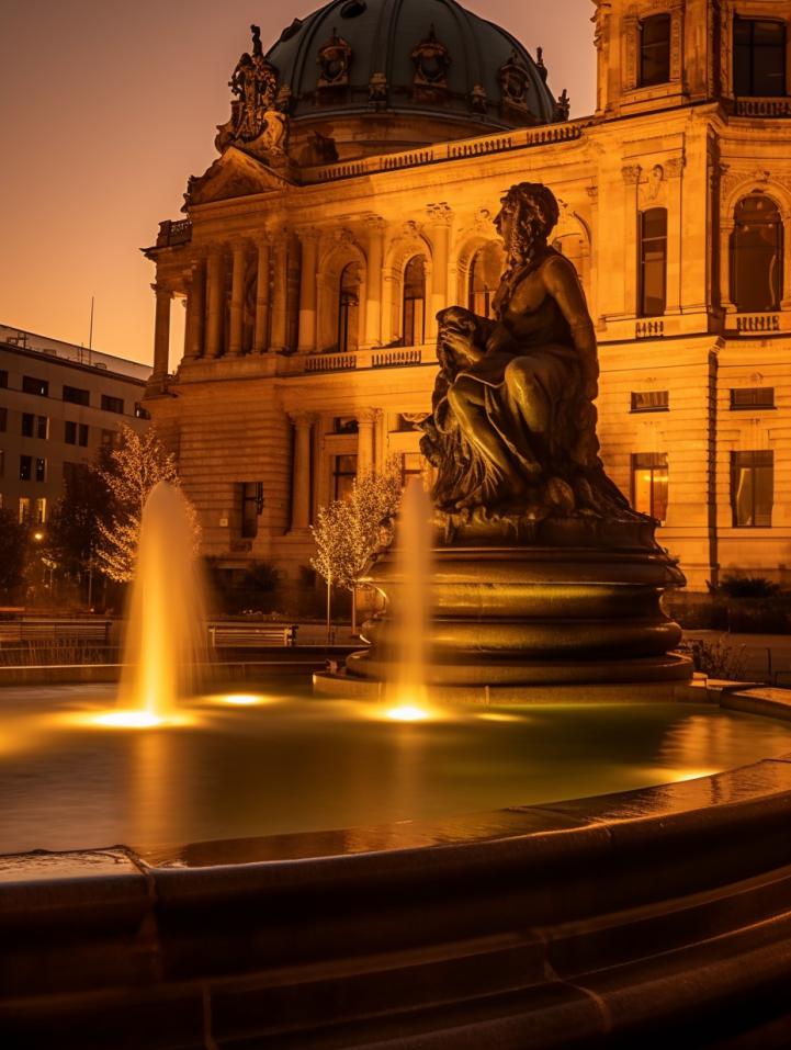 Midjourney prompt: 'berlin by night portrait, fountain and city hall, in the style of the helsinki school, nikon d850, terracotta, backlight, national geographic photo, leica 50mm f/.95 , detailed environments --ar 3:4 --s 750 '