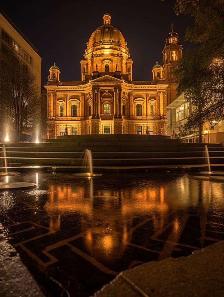 Midjourney prompt: 'berlin by night portrait, fountain and city hall, in the style of the helsinki school, nikon d850, terracotta, backlight, national geographic photo, leica 50mm f/.95 , detailed environments --ar 3:4 --s 750'