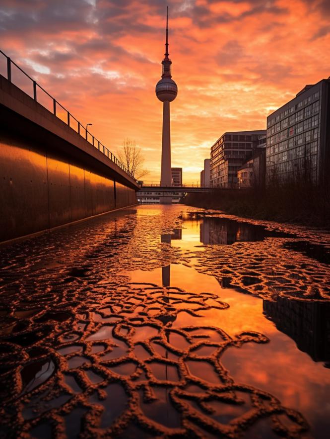 Midjourney prompt: 'shot berlin netzwerk and tv tower, in the style of organic sculpting, luminosity of water, sony fe 85mm f/1.4 gm, romantic scenery, street art sensibilities, leica i, award-winning --ar 3:4 --s 750'