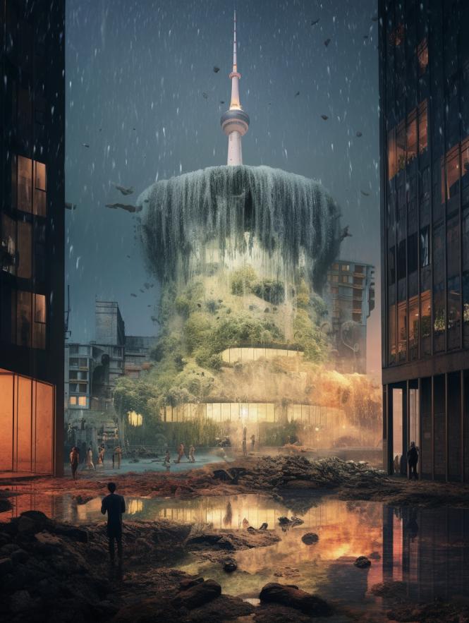 Midjourney prompt: 'an old building with a fountain and television tower, in the style of thomas heatherwick, atmospheric shots, bjarke ingels, georg baselitz, illuminated landscapes, deutscher werkbund, wildlife muralism --ar 3:4 --s 750'