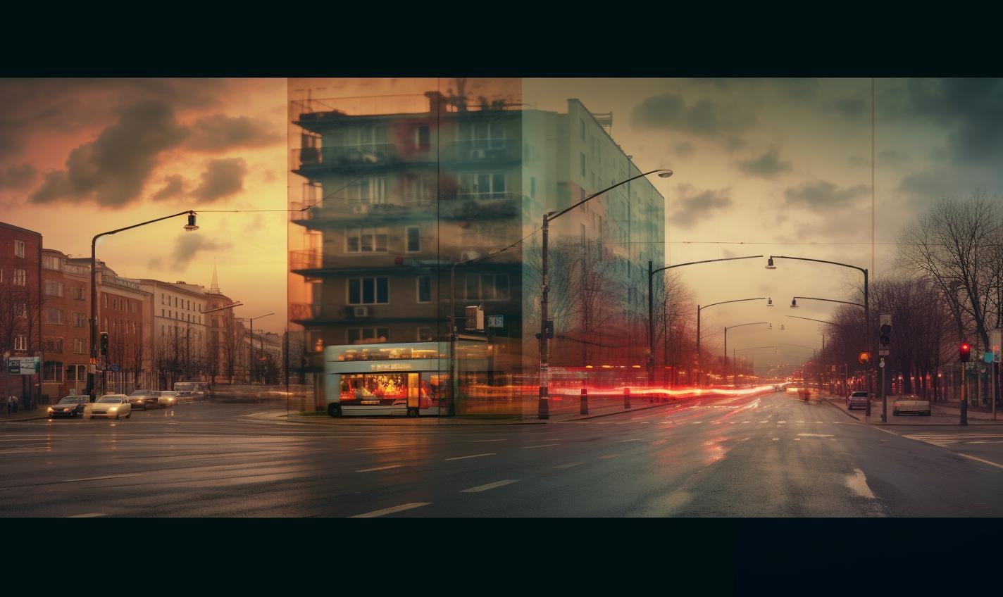 Midjourney prompt: 'tv time in berlin, in the style of time-lapse photography, tonalist skies, ad posters, city portraits, precise and sharp, redshift, street-inspired --ar 27:16 --s 750 '