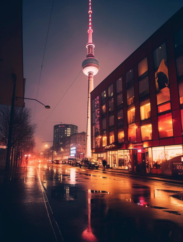 Midjourney prompt: 'berlin's television tower with a building in the background, in the style of dark red and light beige, commercial imagery, philippe parreno, festive atmosphere, advertising-inspired, panorama, street photography --ar 3:4 --s 750'