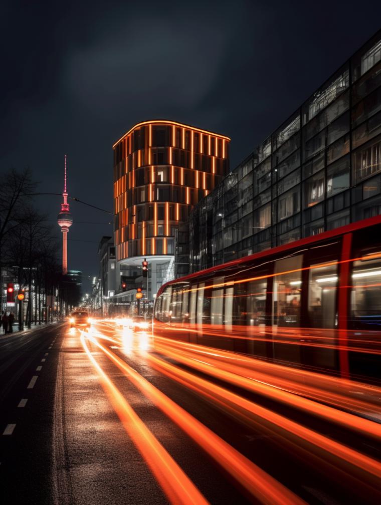 Midjourney prompt: 'shot berlin | berlin, germany photo, in the style of dark red and light orange, werner herzog, norman foster, high quality photo, festive atmosphere, imax, time-lapse photography --ar 3:4 --s 750 '