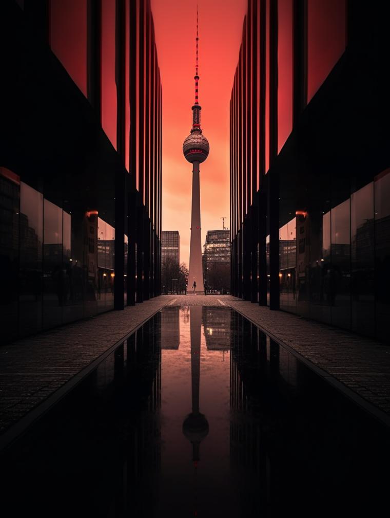 Midjourney prompt: 'shot berlin by tom raedwald, in the style of light red and dark amber, zeiss batis 18mm f/2.8, cityscape photographer, hallyu, 8k resolution, imax, design by architects --ar 3:4 --s 750'