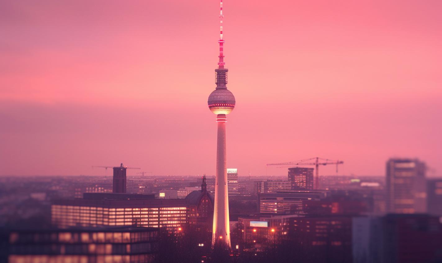 Midjourney prompt: 'the image shows an berlin skyline and a television tower, in the style of ebru sidar, movie poster, dan flavin, sony fe 12-24mm f/2.8 gm, #screenshotsaturday, light maroon --ar 27:16 --s 750 '