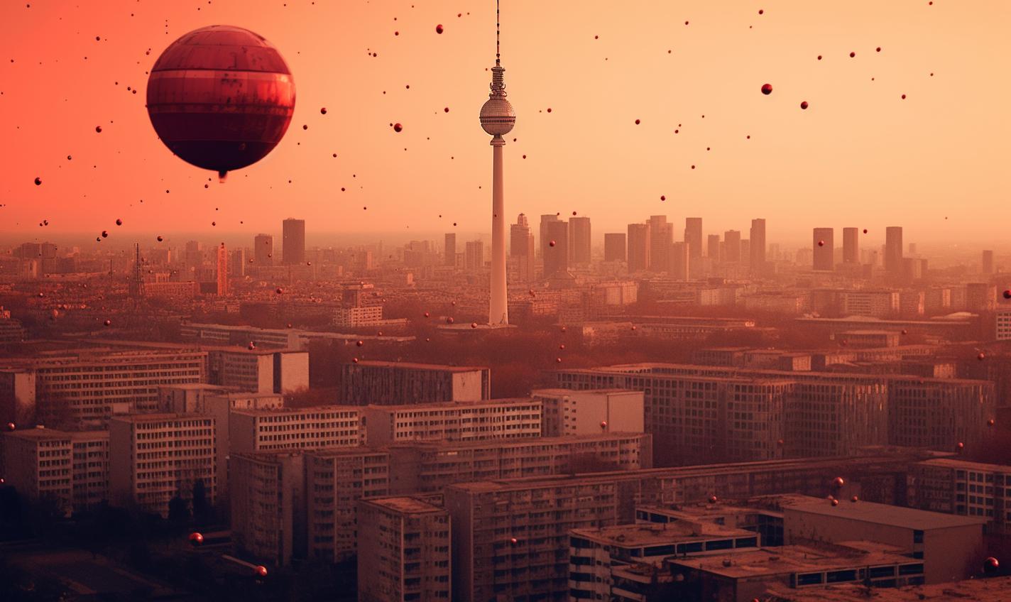 Midjourney prompt: 'a berlin skyline with a skyscraper at sunset, in the style of camera tossing, movie poster, photography installations, saturno butto, smooth and shiny, redshift, tibor nagy --ar 27:16 --s 750 '