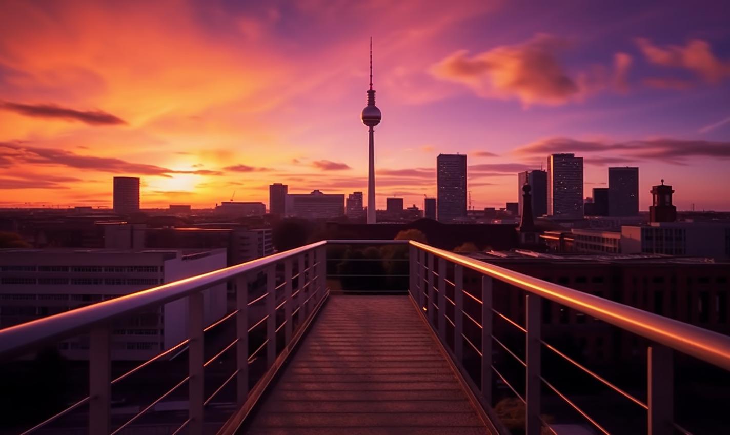Midjourney prompt: 'image of golden hour with the berlin skyline in blue, in the style of video montages, dark magenta and orange, tamron 24mm f/2.8 di iii osd m1:2, movie poster, subtle, highly realistic, de stijl --ar 27:16 --s 750'