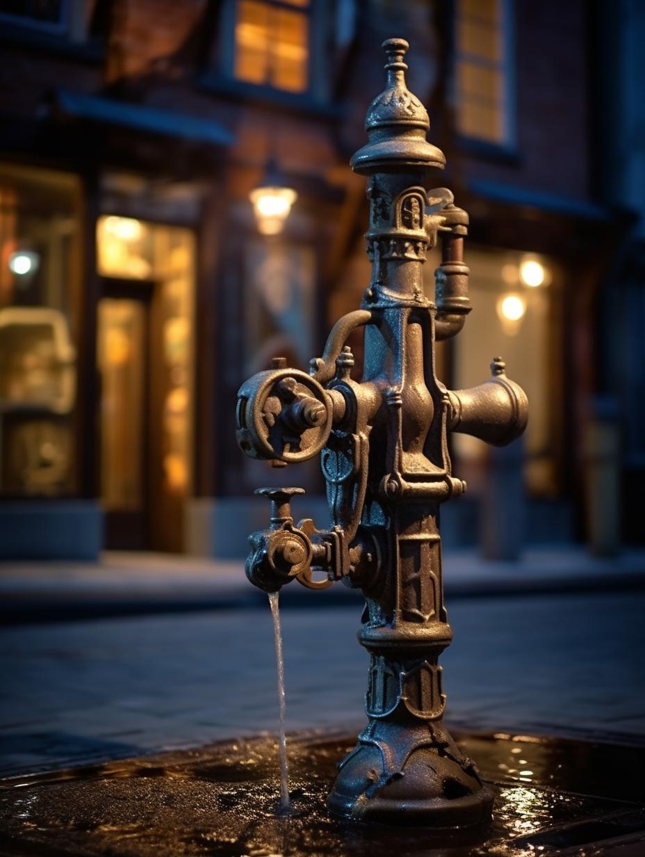 Midjourney prompt: 'shot berlin water pump in kantan feilding, berlin, in the style of baroque dramatic lighting, fine art nouveau, zeiss batis 18mm f/2.8, street scene, patinated and oxidized, massurrealism, east village art --ar 3:4 --s 750'
