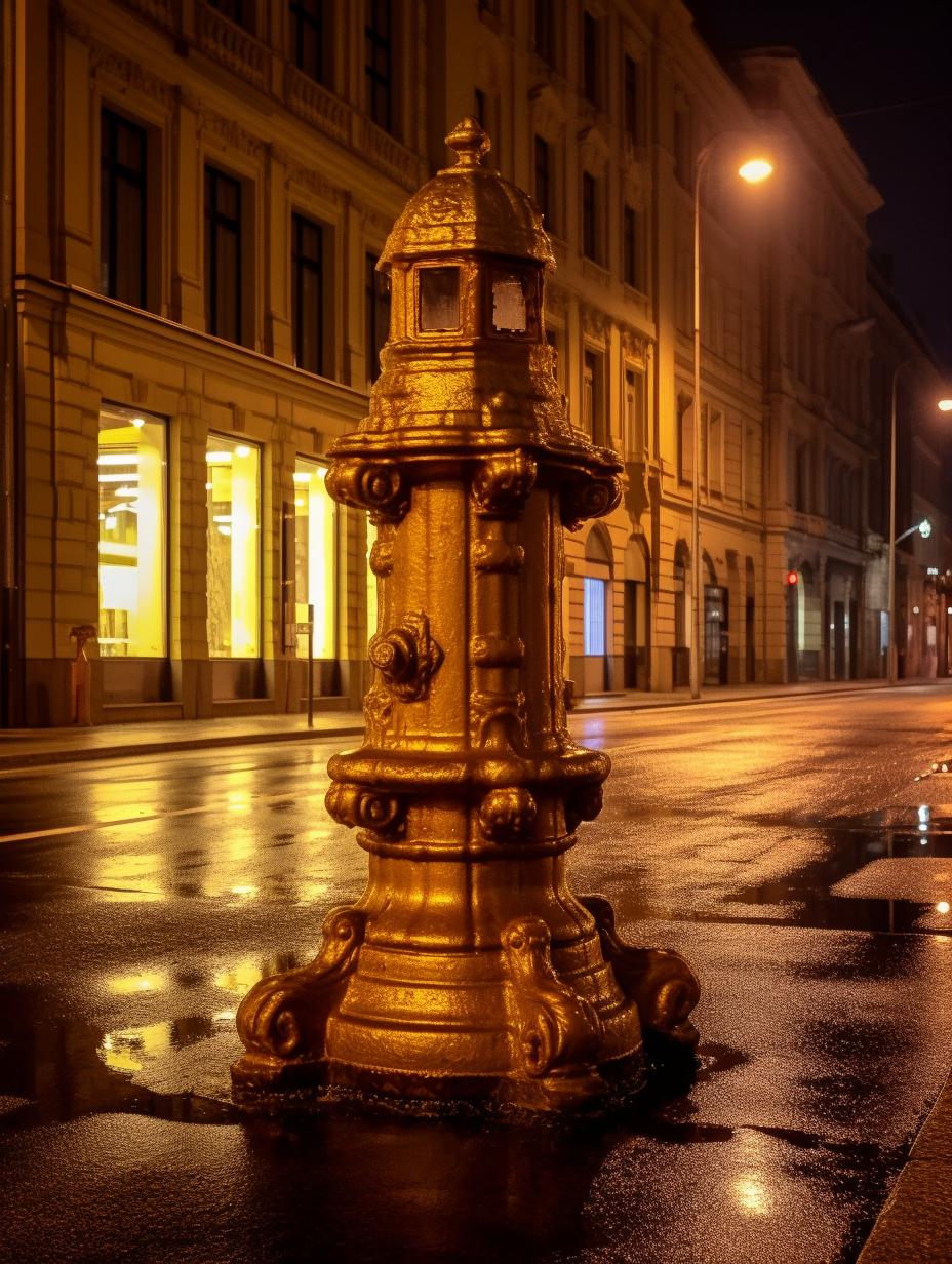 Midjourney prompt: 'germany fire hydrant on stuttgartsplatz in berlin, in the style of zeiss batis 18mm f/2.8, mysterious nocturnal scenes, joaquín sorolla, delicately detailed, albert bierstadt, backlight, fine art nouveau --ar 3:4 --s 750 -'