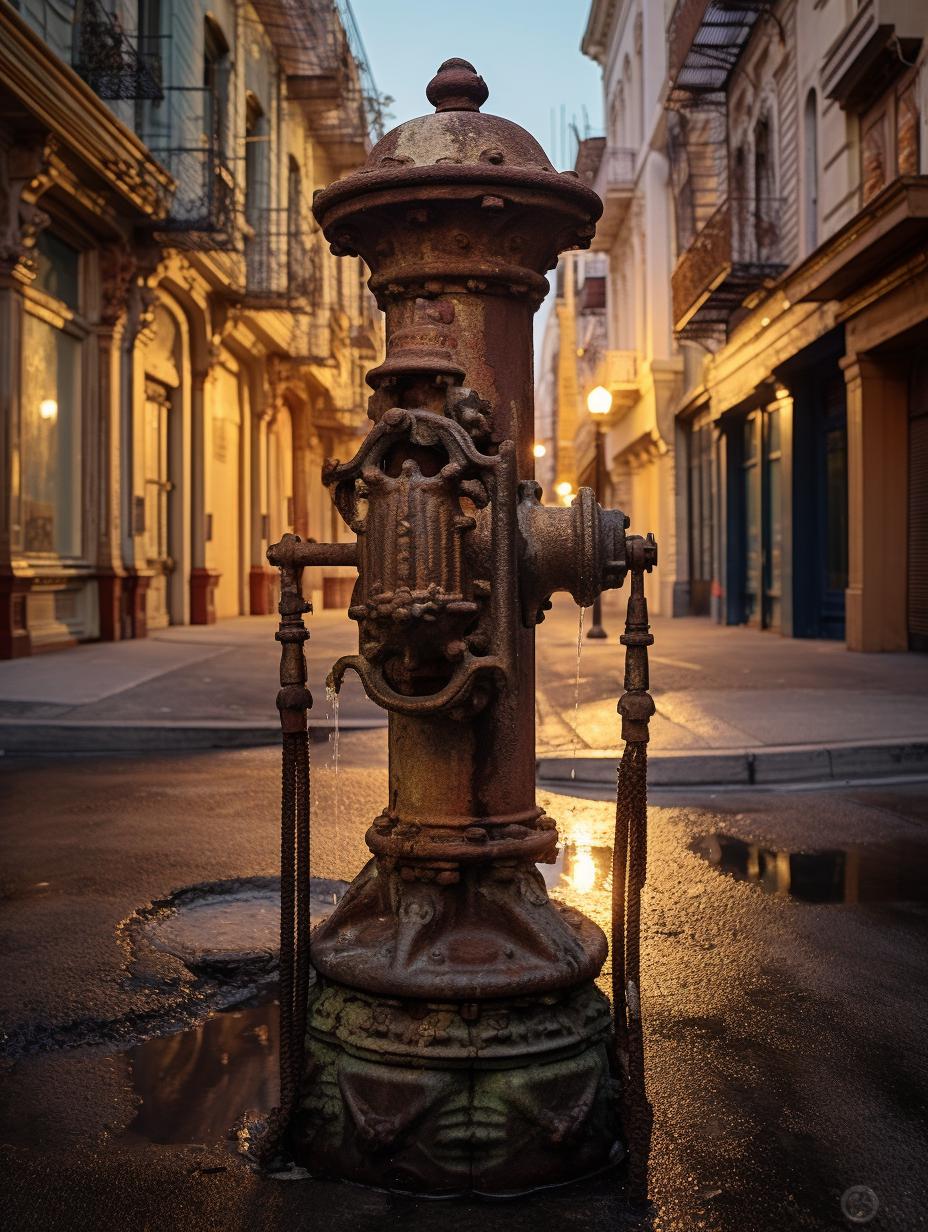 Midjourney prompt: 'the water pump is lit up and the water is flowing from a street, in the style of fine art nouveau, helios 44-2 58mm f/2, 32k uhd, patinated and oxidized, transavanguardia, soviet lens, the san francisco renaissance. --ar 3:4 --s 750'