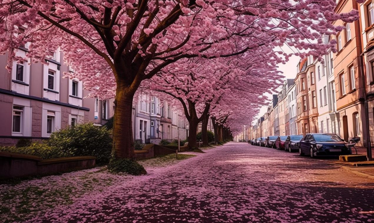 Midjourney prompt: 'pinkblonde blossom tree street, in the style of zeiss batis 18mm f/2.8, light violet and brown, the düsseldorf school of photography, hurufiyya, joyful celebration of nature, albert marquet, uhd image --ar 27:16 --s 750'