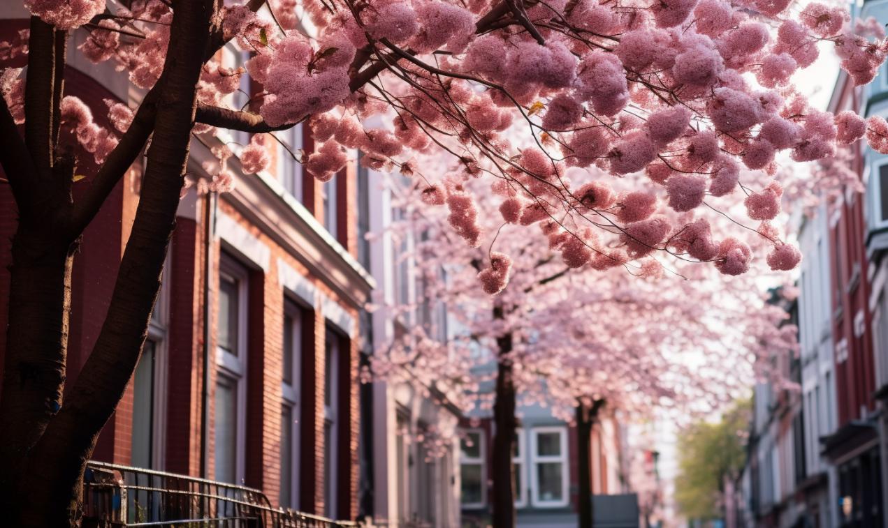 Midjourney prompt: 'blossoms along a street with brick buildings in the background, in the style of sigma 105mm f/1.4 dg hsm art, magenta and bronze, dusseldorf school of photography, joyful celebration of nature, low-angle, olympus xa2, ethereal trees --ar 27:16 --s 750'