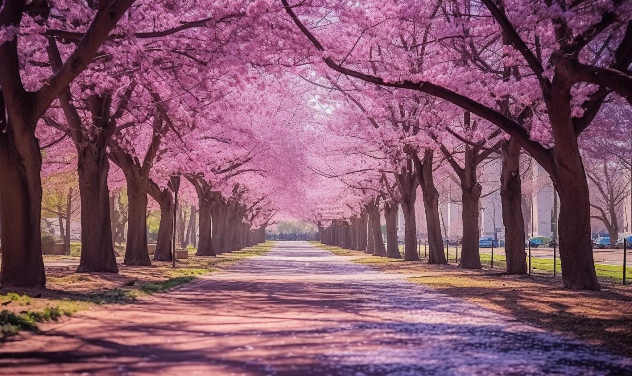 Midjourney prompt: 'the trees on a park are covered with purple and pink flowers, in the style of helios 44-2 58mm f/2, viennese secession, cherry blossoms, canon eos 5d mark iv, graflex speed graphic, macro zoom, street scenes with vibrant colors --ar 27:16 --s 750 '