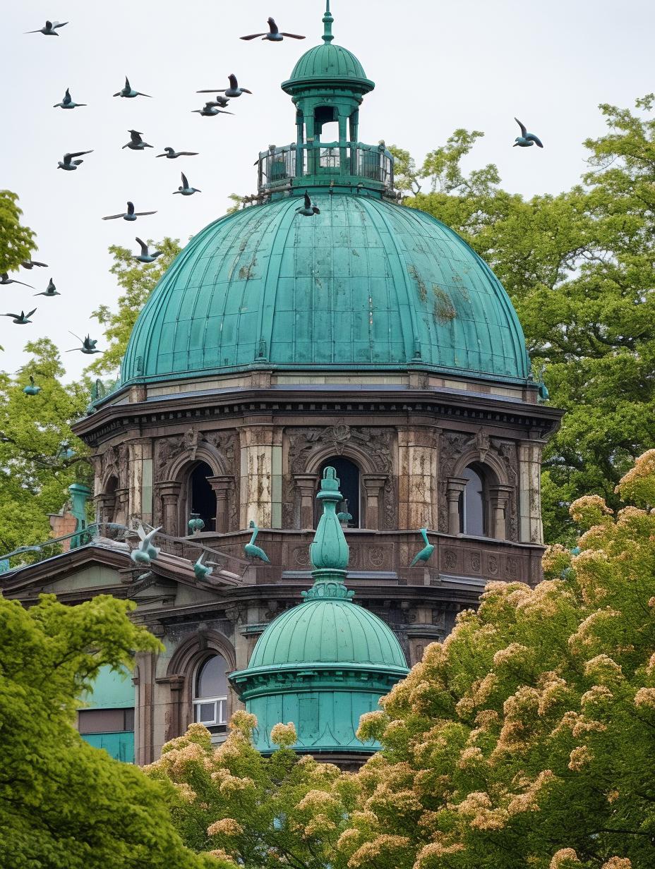 Midjourney prompt: 'a dome with green shingles on it, in the style of german romanticism, nikon af-s nikkor 70-200mm f/2.8e fl ed vr, birds & flowers, heidelberg school, majestic figures, bronze and aquamarine, iso 200 --ar 3:4 --s 750'