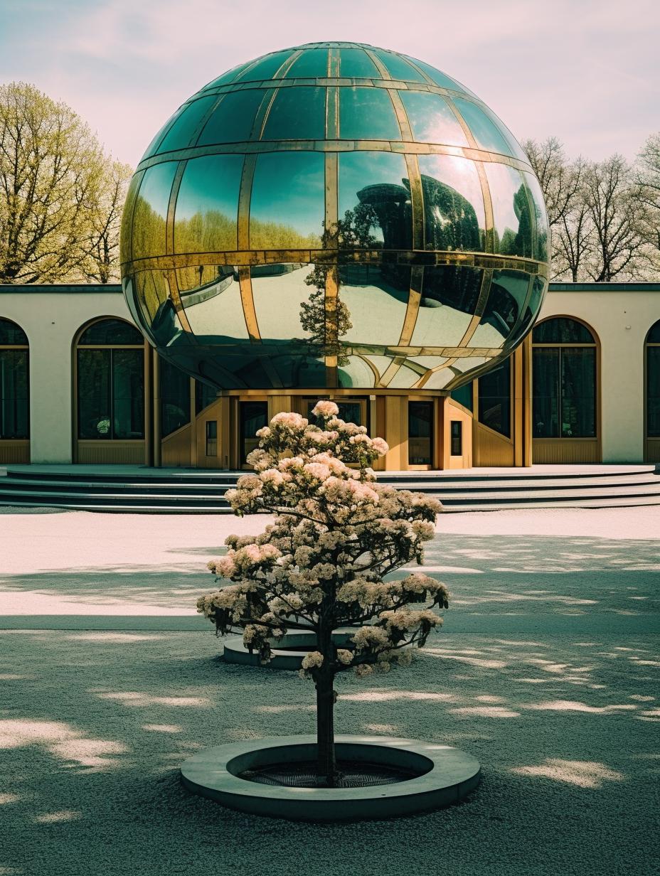 Midjourney prompt: 'a photo of a bauhaus structure with blossoming flowers around the outside, in the style of light emerald and bronze, baroque nu-vintage, spherical sculptures, hans baldung, wimmelbilder, religious building, selective focus --ar 3:4 --s 750 '
