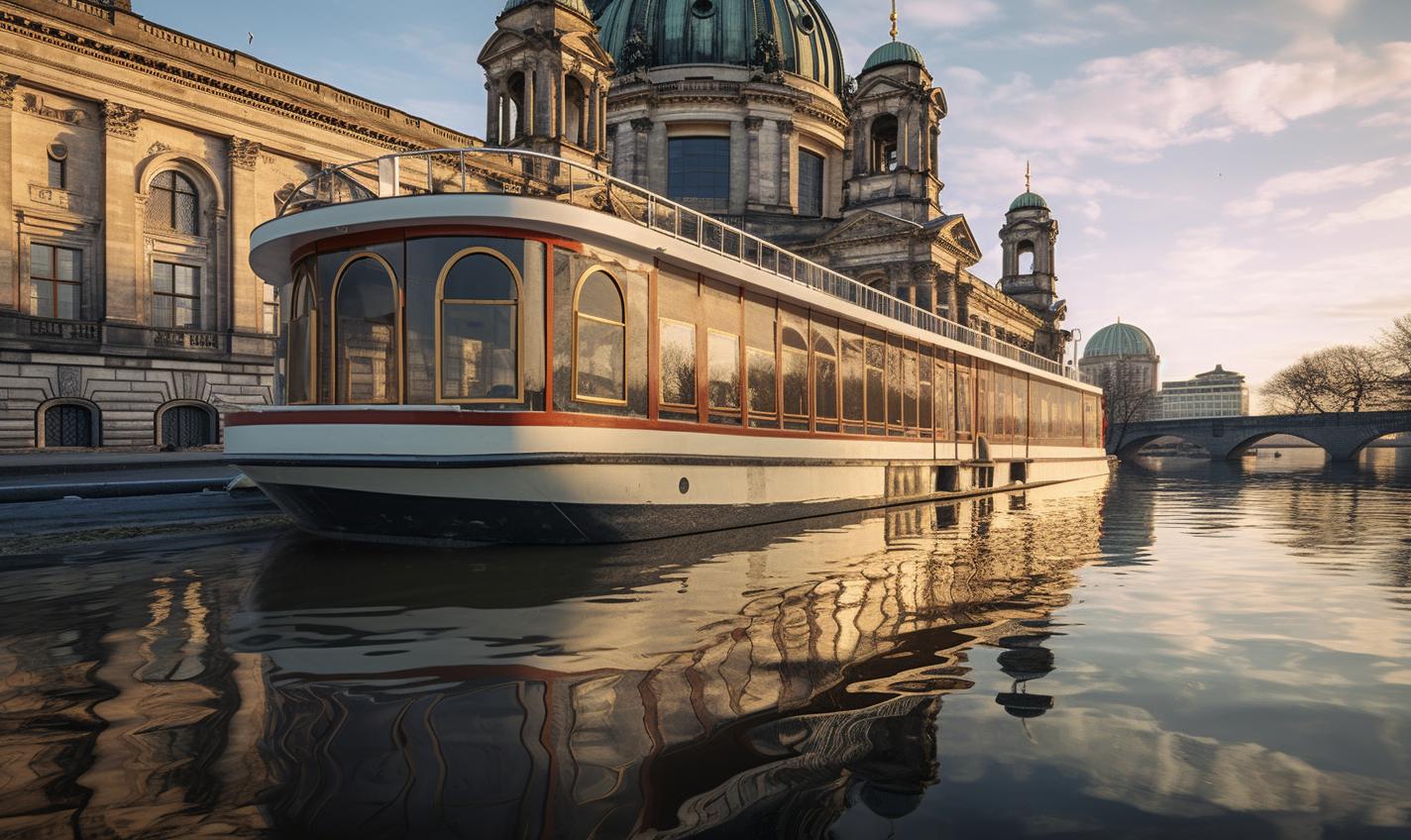 Midjourney prompt: 'a boat is cruising near berlin from the water, in the style of architectural focus, candid shots of famous figures, zeiss batis 18mm f/2.8, historical documentation, highly realistic, religious building, impressive panoramas --ar 27:16 --s 750'