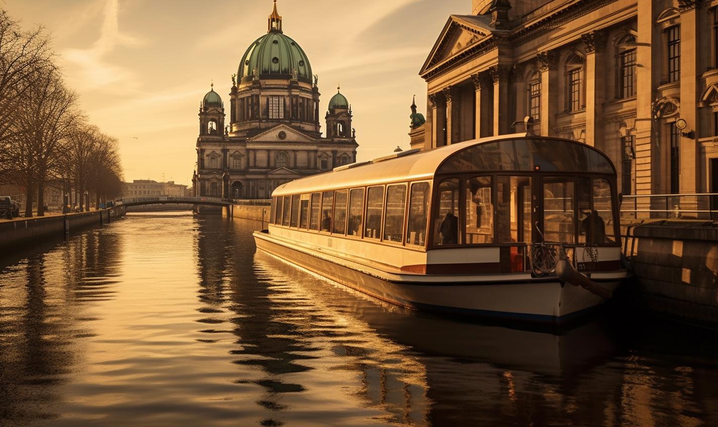 Midjourney prompt: 'the berlin cathedral and a boat are in a city, in the style of bauhaus photography, candid shots of famous figures, zeiss otus 85mm f/1.4 apo planar t*, 8k resolution, photorealistic detailing, candid shots --ar 27:16 --s 750'