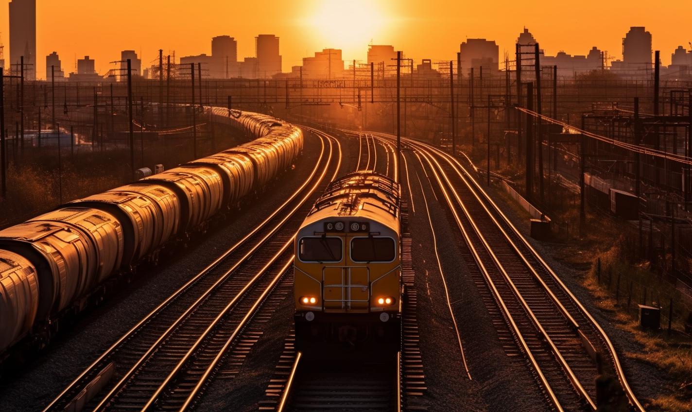 Midjourney prompt: 'this is a picture of a train on train tracks in a city, in the style of deutscher werkbund, helios 44-2 58mm f/2, grandiose cityscape views, backlight, piles/stacks, high horizon lines, heatwave --ar 27:16 --s 750'
