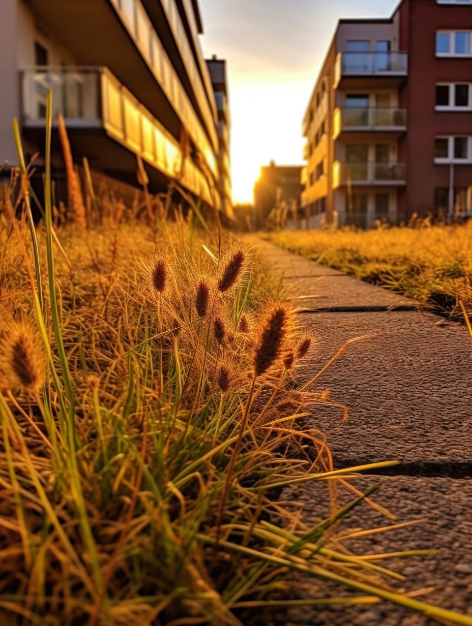 Midjourney prompt: 'some grass and a building looking out toward the camera, in the style of raw street photography, golden light, deutscher werkbund, 32k uhd, neo-concrete, carl gustav carus, flat perspective --ar 3:4 --s 750 '