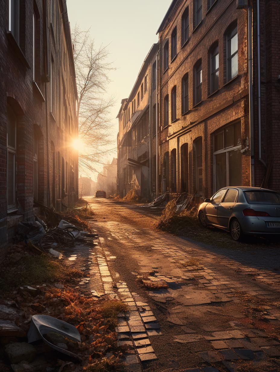 Midjourney prompt: 'street shot in germany by stefan schwender, in the style of anamorphic lens flare, masonry construction, uhd image, cfa voysey, zeiss batis 18mm f/2.8, post-apocalyptic landscapes, alvar aalto --ar 3:4 --s 750'