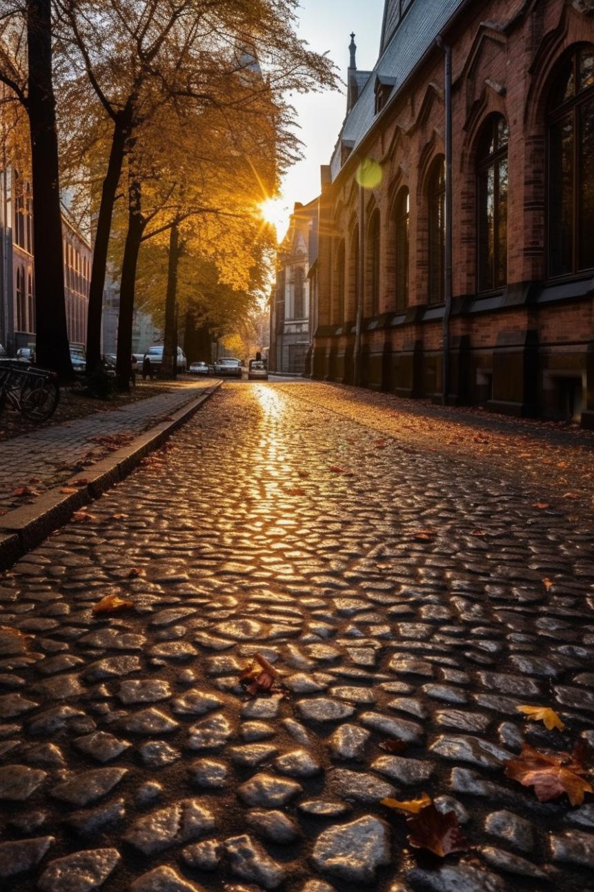 Midjourney prompt: 'brick cobble stone pavement, in the style of the düsseldorf school of photography, sunrays shine upon it, sony fe 24-70mm f/2.8 gm, religious building, 32k uhd, gothic darkness, vivid street scenes --ar 333:500 --s 750'