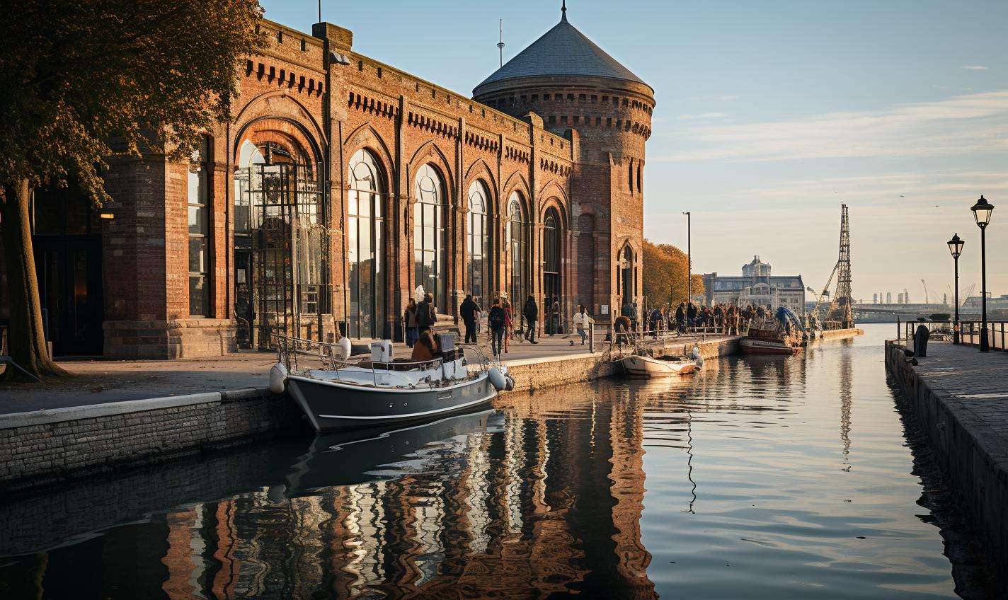 Midjourney prompt: 'a small motor boat passing a brick building over an ocean, in the style of dusseldorf school of photography, polished craftsmanship, photobashing, deutscher werkbund, majestic ports, text-based installations, pentax spotmatic sp --ar 27:16 --s 750 '