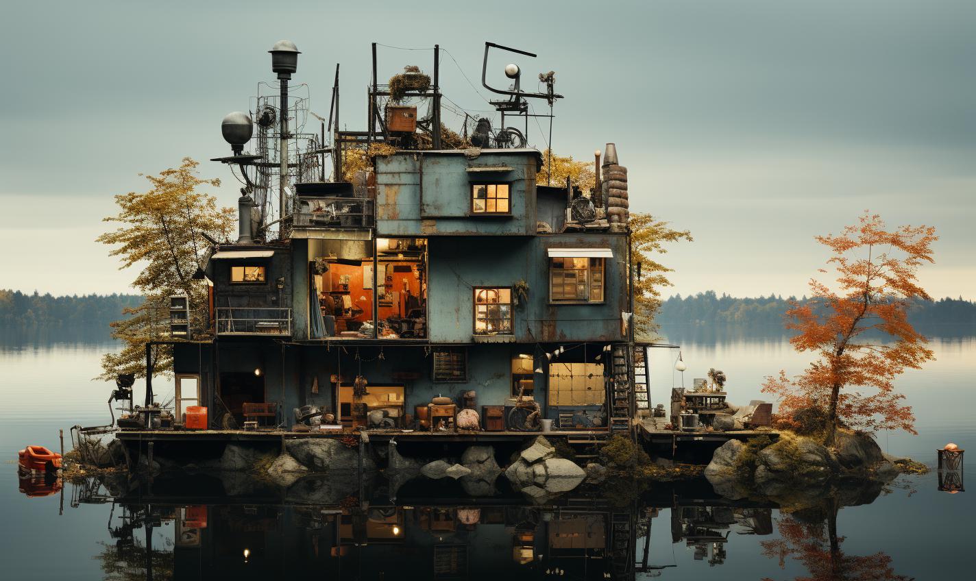 Midjourney prompt: 'a building at sunrise on a riverside, in the style of berlin secession, innovative page design, sacha goldberger, cinematic stills, detailed marine views, light-filled compositions, navy and amber --ar 27:16 --s 750'