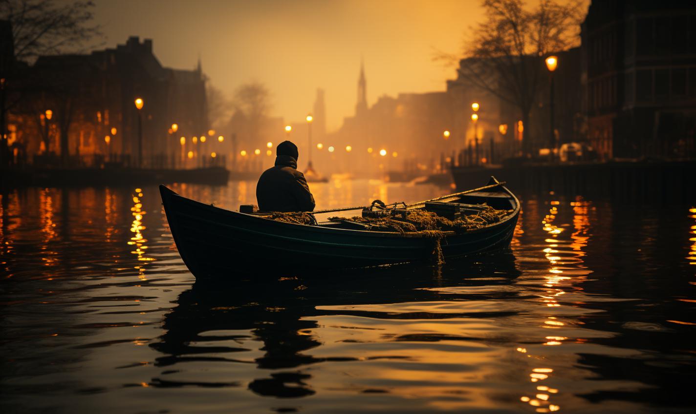 Midjourney prompt: 'a window showing a person and a boat, in the style of the düsseldorf school of photography, innovative page design, golden light, dark and gritty cityscapes, clean and streamlined, eastern and western fusion, close-up --ar 27:16 --s 750'