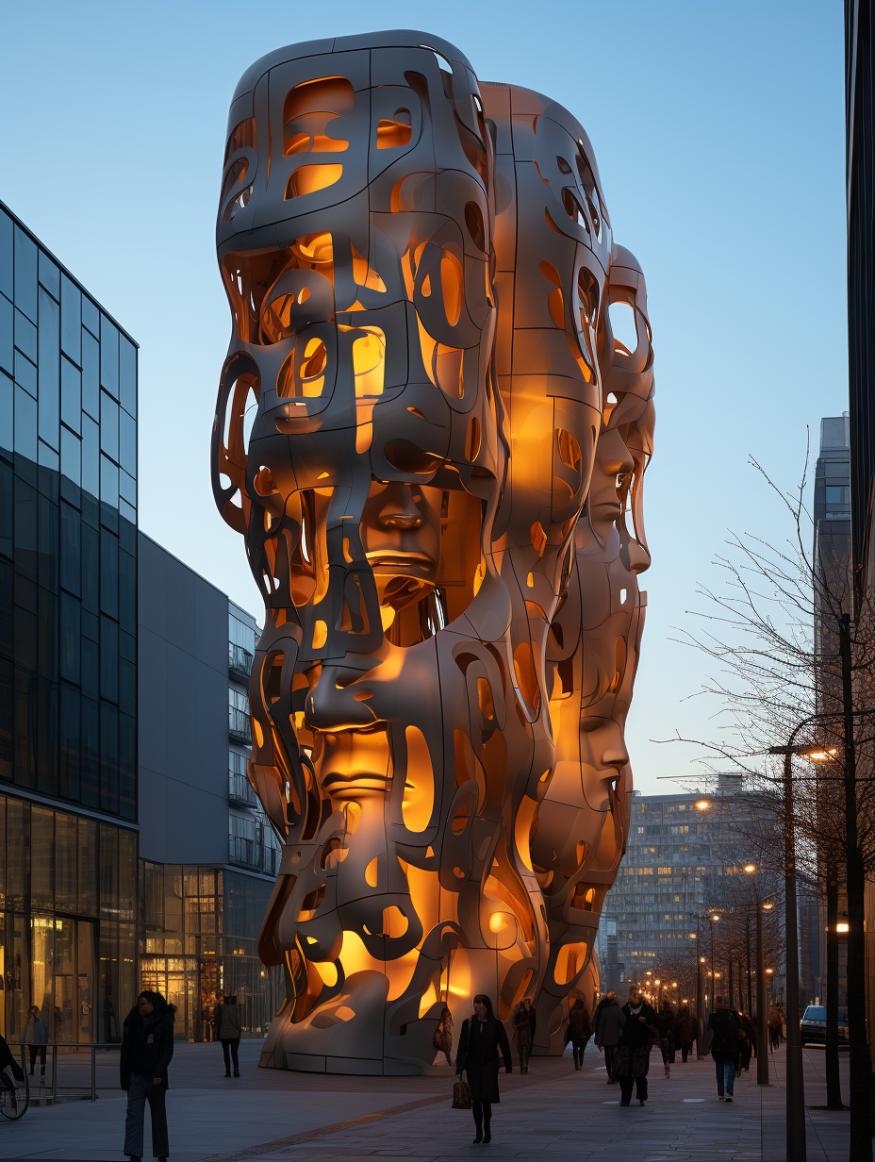 Midjourney prompt: 'an art installation is shown below a tall building in a city, in the style of jean jullien, govaert flinck, nikon d850, tonalist, jaume plensa, sony alpha a7 iii, light orange and cyan --ar 3:4 --s 750'