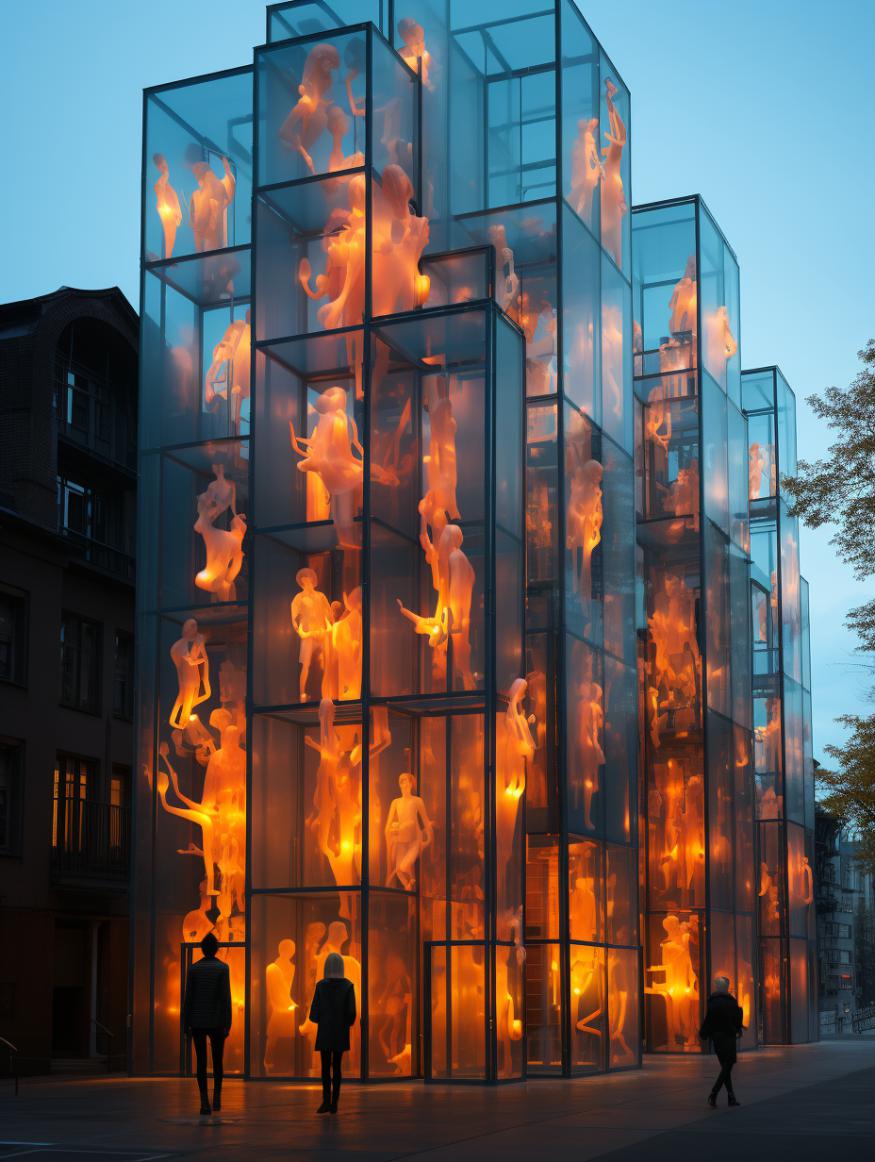 Midjourney prompt: 'an art installation is shown below a tall building in a city, in the style of jean jullien, govaert flinck, nikon d850, tonalist, jaume plensa, sony alpha a7 iii, light orange and cyan --ar 3:4 --s 750 '