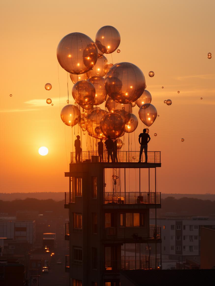 Midjourney prompt: 'the sunset is the right angle of a statue of a couple of men and boys, in the style of dusseldorf school of photography, pixel art, the bechers' typologies, sony alpha a7 iii, whimsical skyline, light orange and silver, installation-based --ar 3:4 --s 750'