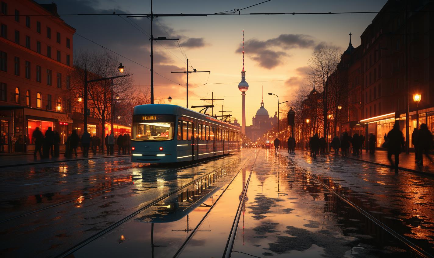 Midjourney prompt: 'berlin at sunset by fredrik reed, in the style of time-lapse photography, photo taken with nikon d750, light amber, ad posters, stark simplicity, majestic ports, heatwave --ar 27:16 --s 750 '