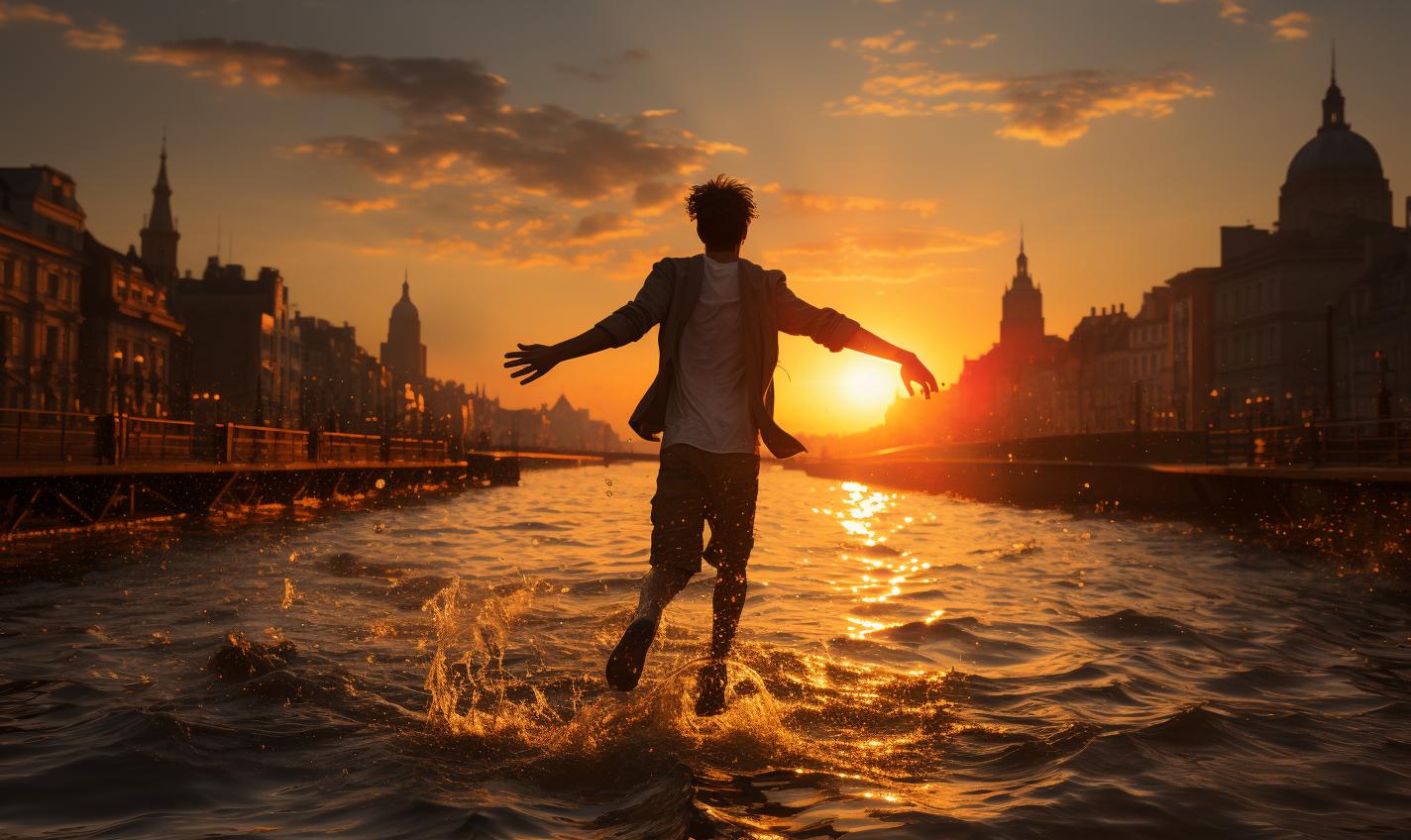 Midjourney prompt: 'the sun is setting in the background of a city to the left of water, in the style of deutscher werkbund, camera tossing, dimitry roulland, louis kahn, photo taken with nikon d750, stephen shortridge, poster --ar 27:16 --s 750 '