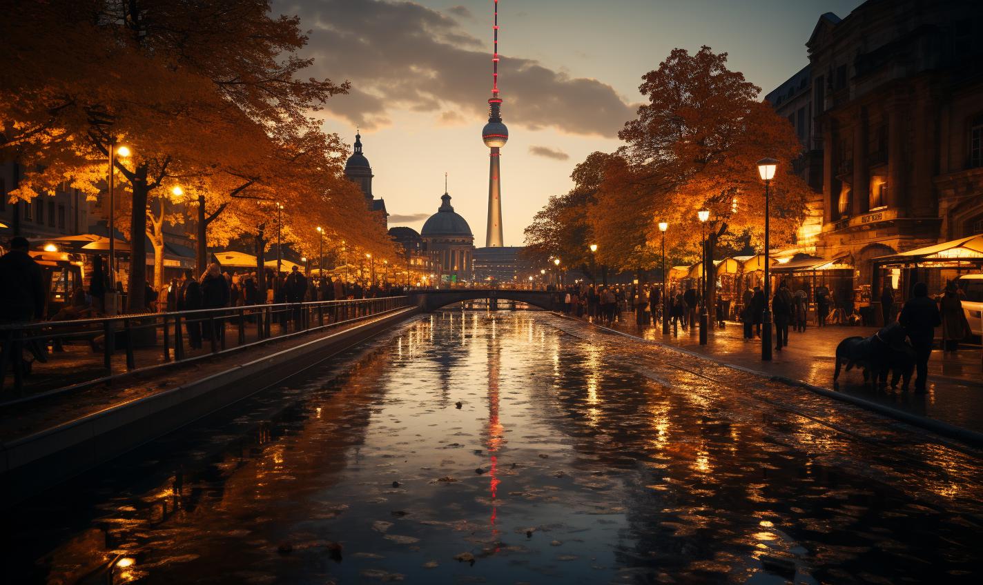 Midjourney prompt: 'a yellowish sunset is seen in the city of berlin, switzerland, in the style of sony fe 12-24mm f/2.8 gm, nell dorr, lens flares, high quality photo, rimel neffati, ad posters, majestic ports --ar 27:16 --s 750'