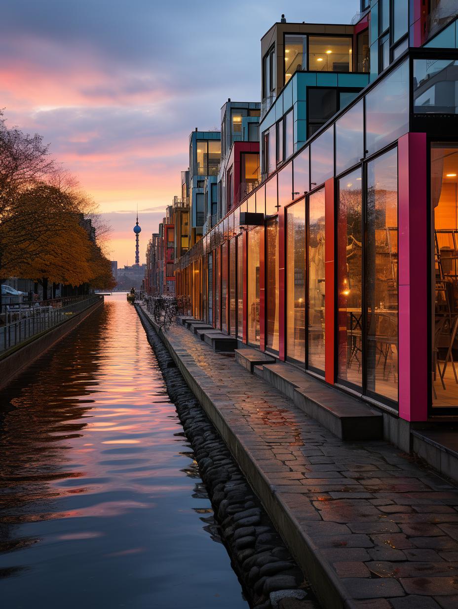 Midjourney prompt: 'berlin shot sunset over the danube river on the bank of berlin, in the style of nikon d850, ray eames, louis kahn, carlos schwabe, colorful kitsch, colourful, flickr --ar 3:4 --s 750 '