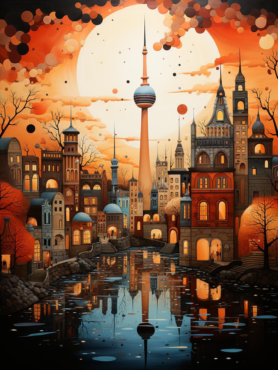 Midjourney prompt: 'berlin's skyline with windmills near the water, in the style of arched doorways, romantic atmosphere, dark white and orange, tomàs barceló, intricate details, restored and repurposed, walt disney --ar 3:4 --s 750'
