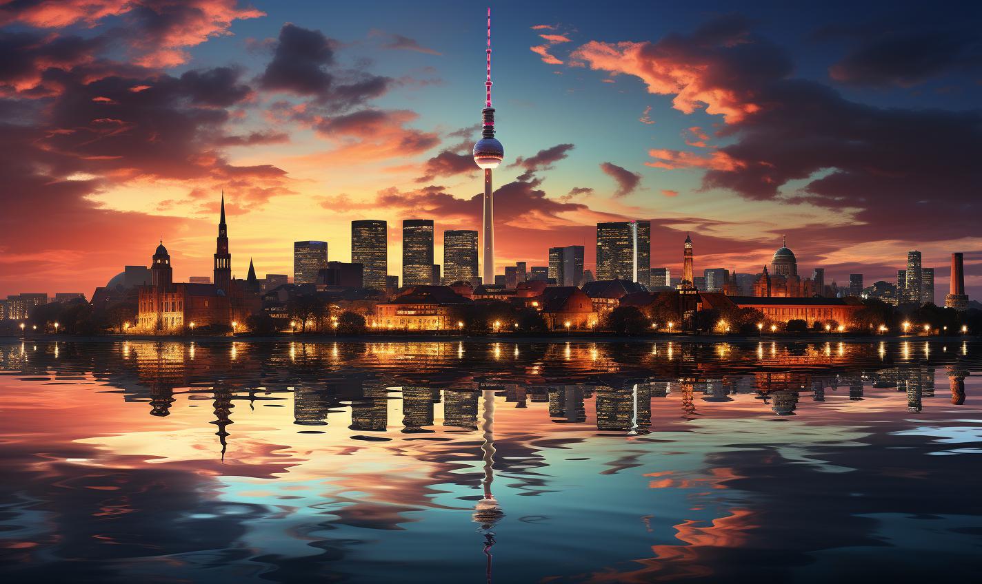 Midjourney prompt: 'berlin skyline at dusk, in the style of album covers, sparkling water reflections, minimal retouching, text and emoji installations, camera tossing, quiet simplicity, redshift --ar 27:16 --s 750'