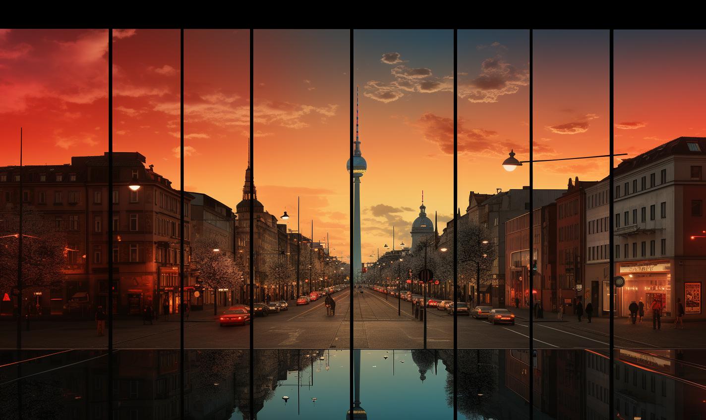 Midjourney prompt: 'the view after sunset from berlin, in the style of minimal retouching, deutscher werkbund, camera tossing, hyper-realistic water, colorful animation stills, album covers, harry callahan --ar 27:16 --s 750 '