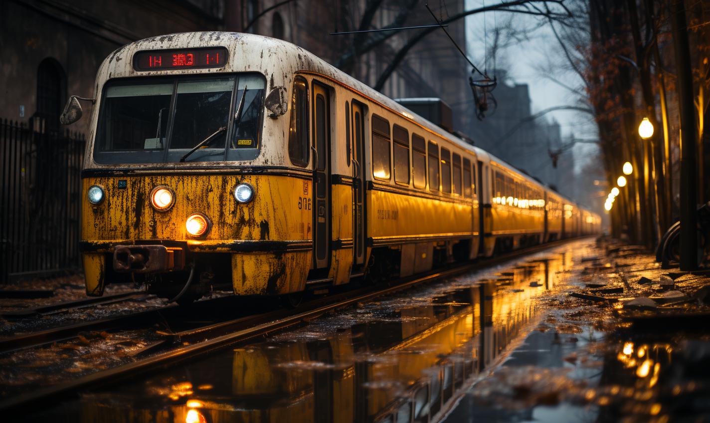 Midjourney prompt: 'a yellow train is parked in the alley ways, in the style of berlin secession, night photography, whimsical skyline, damien hirst, back button focus, innovative page design, the bechers' typologies --ar 27:16 --s 750 '