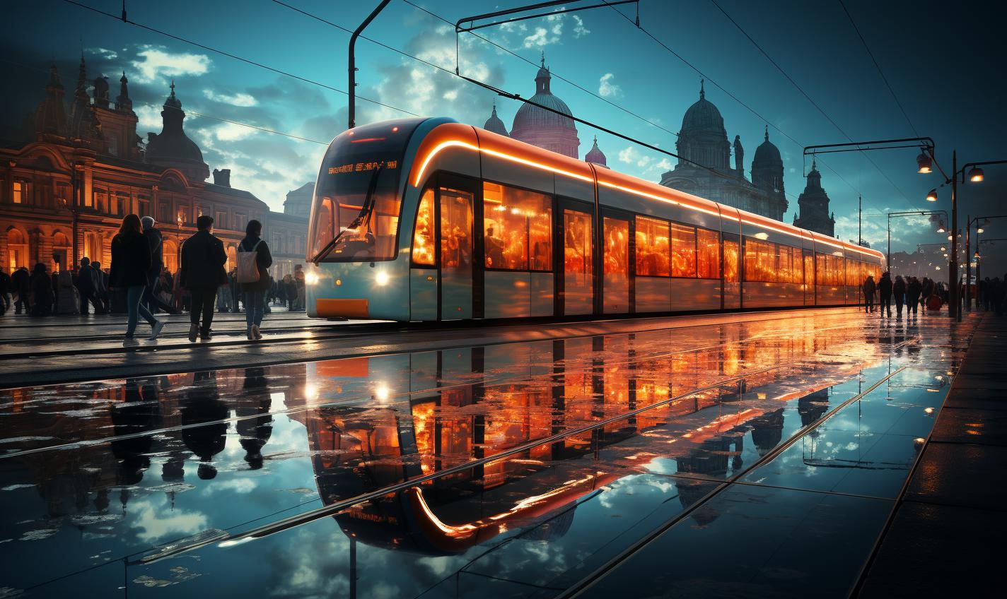 Midjourney prompt: 'the train driving down the railroad tracks, in the style of berlin secession, neon-lit urban, the düsseldorf school of photography, reflections and mirroring, text and emoji installations, rudolf ernst, captivating skylines --ar 27:16 --s 750'