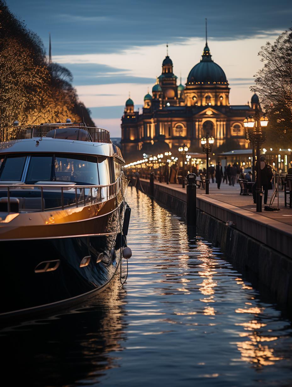 Midjourney prompt: 'a city at night with boat cruise boats at the dock, in the style of berlin secession, nikon d850, flickr, 32k uhd, cartelcore, golden light, tondo --ar 3:4 --s 750 '