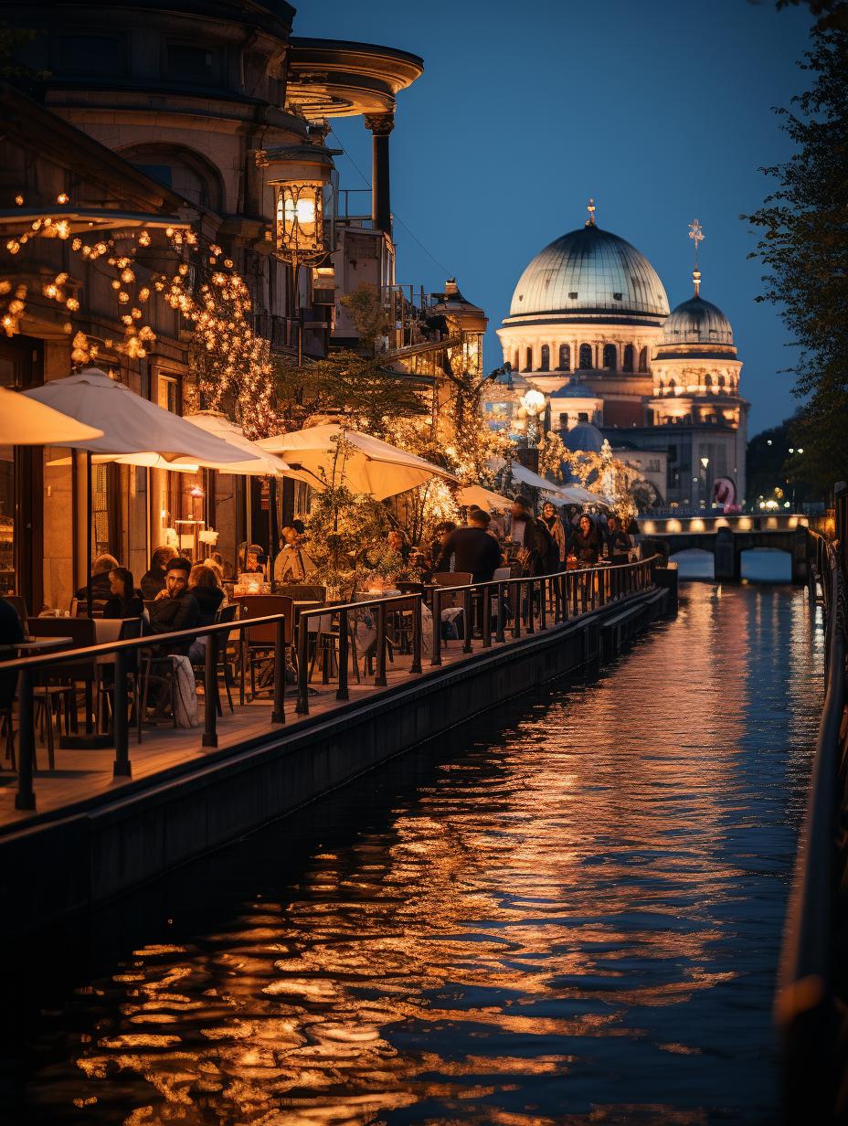 Midjourney prompt: 'shot berlin by lee meredith, in the style of zeiss batis 18mm f/2.8, romantic riverscapes, creative commons attribution, neon lights, cityscape, mid-century, rodenstock imagon 300mm f/5.8 --ar 3:4 --s 750'