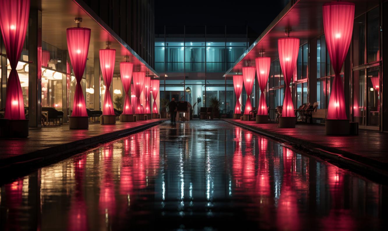 Midjourney prompt: 'the lux hotel berlin ilm, in the style of serene visuals, zeiss batis 18mm f/2.8, sparkling water reflections, concert poster, light amber and magenta, sparse and simple, deutscher werkbund --ar 27:16 --s 750'