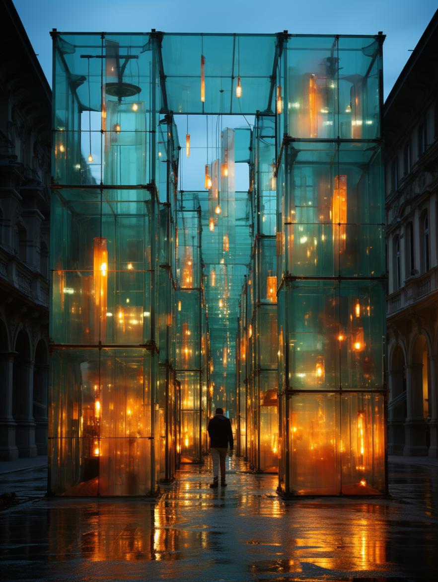 Midjourney prompt: 'a building in night light, in the style of absurdist installations, venetian school, uhd image, swiss style, site-specific works, light emerald and light amber, lively tableaus --ar 3:4 --s 750'