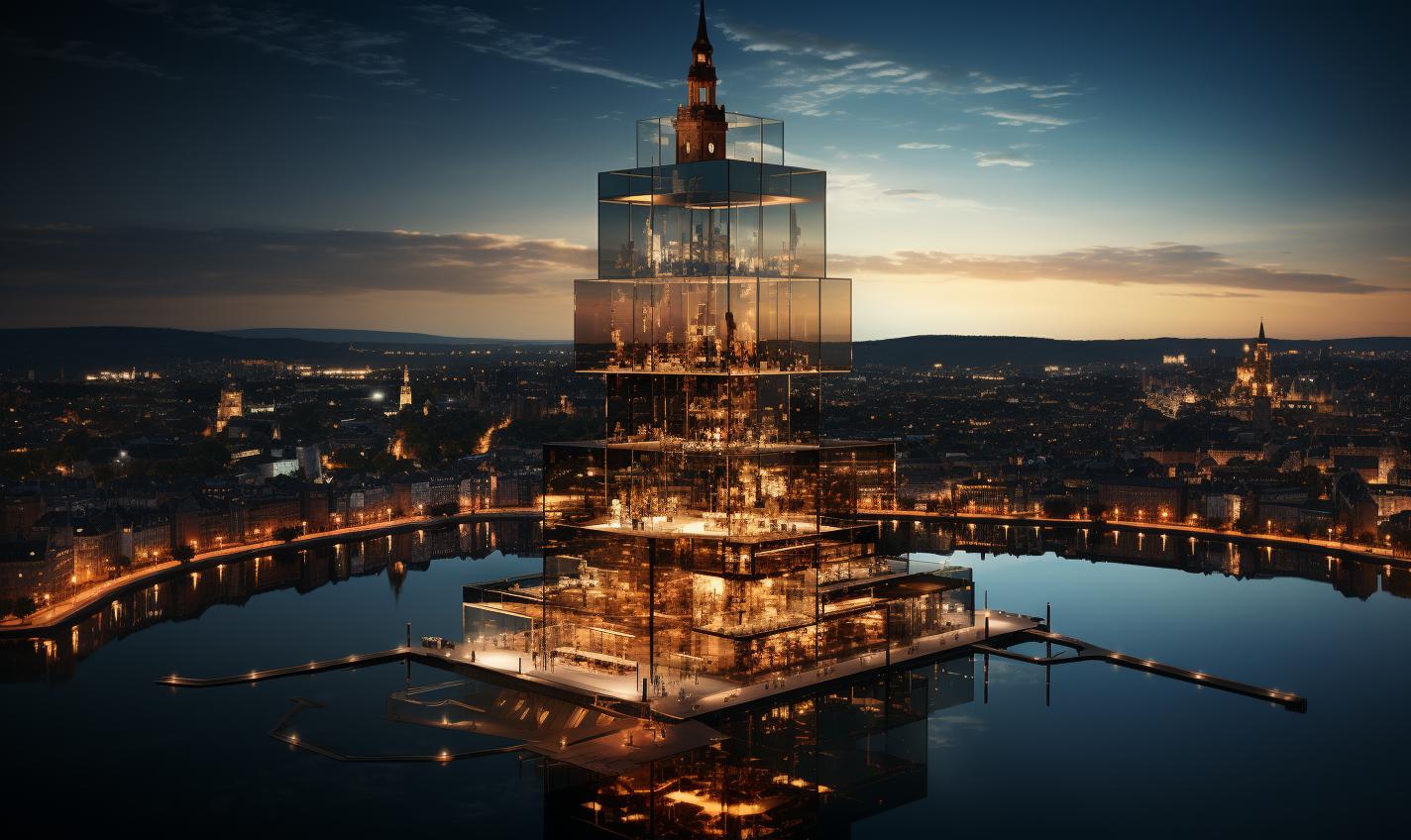 Midjourney prompt: 'the telegraph tower in london is reflected in an image, in the style of mike campau, berlin secession, bokeh panorama, bjarke ingels, minimal retouching, aerial view, dark gray and bronze --ar 27:16 --s 750 '