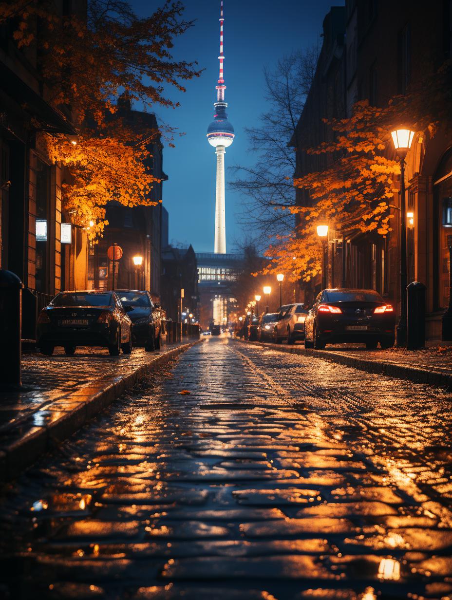Midjourney prompt: 'shot berlin tv tower from munichsnippet, in the style of zeiss batis 18mm f/2.8, tadao ando, romantic scenery, 32k uhd, classical architecture, light brown and navy, iso 200 --ar 3:4 --s 750'