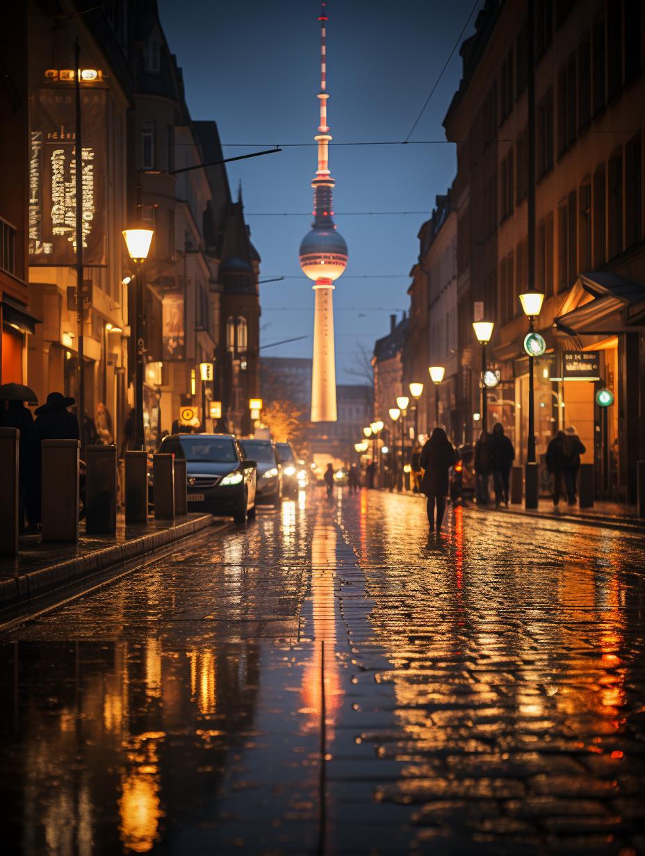 Midjourney prompt: 'the berlin tower is shown outside in front of columns with the words shot berlin, in the style of romantic riverscapes, moody lighting, carl zeiss distagon t* 15mm f/2.8 ze, iso 200, 4k, nightscape, dau al set --ar 3:4 --s 750 '