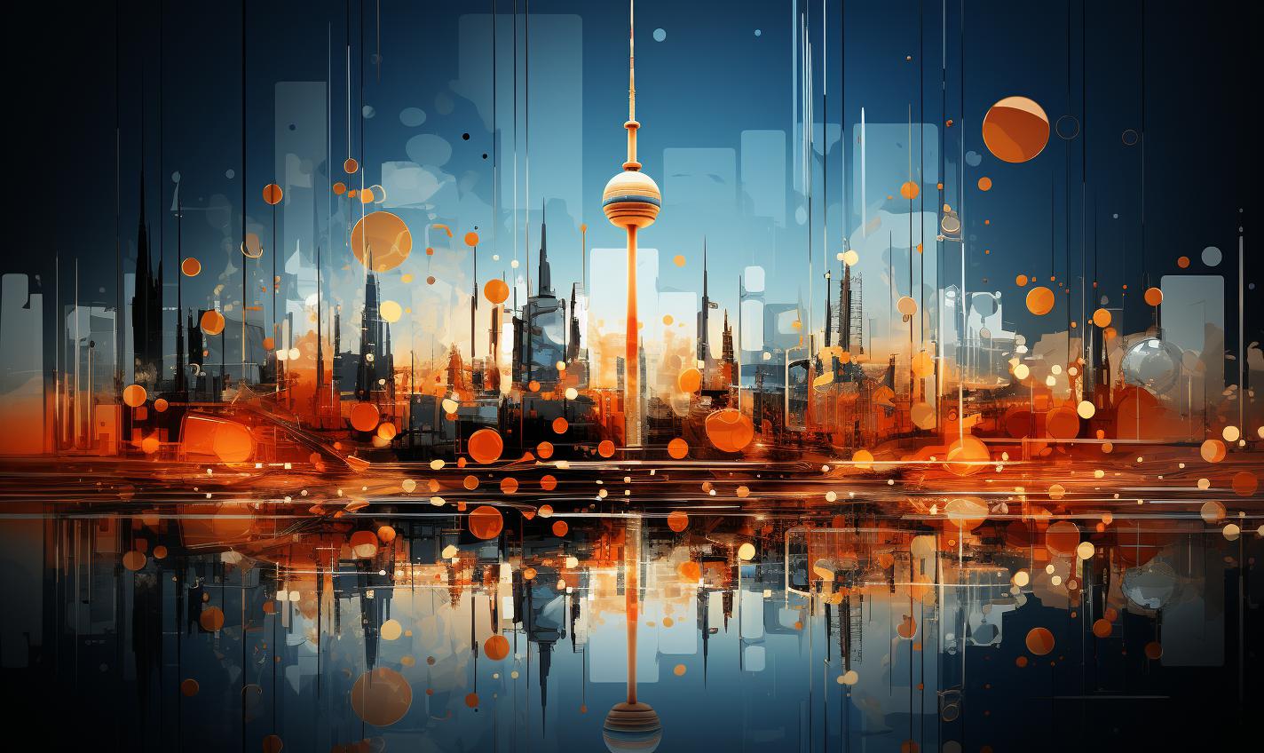 Midjourney prompt: 'an aerial image of the tv tower in berlin, in the style of stained glass effects, silver and orange, single object, spherical sculptures, sheet film, transparent/translucent medium, de stijl --ar 27:16 --s 750'