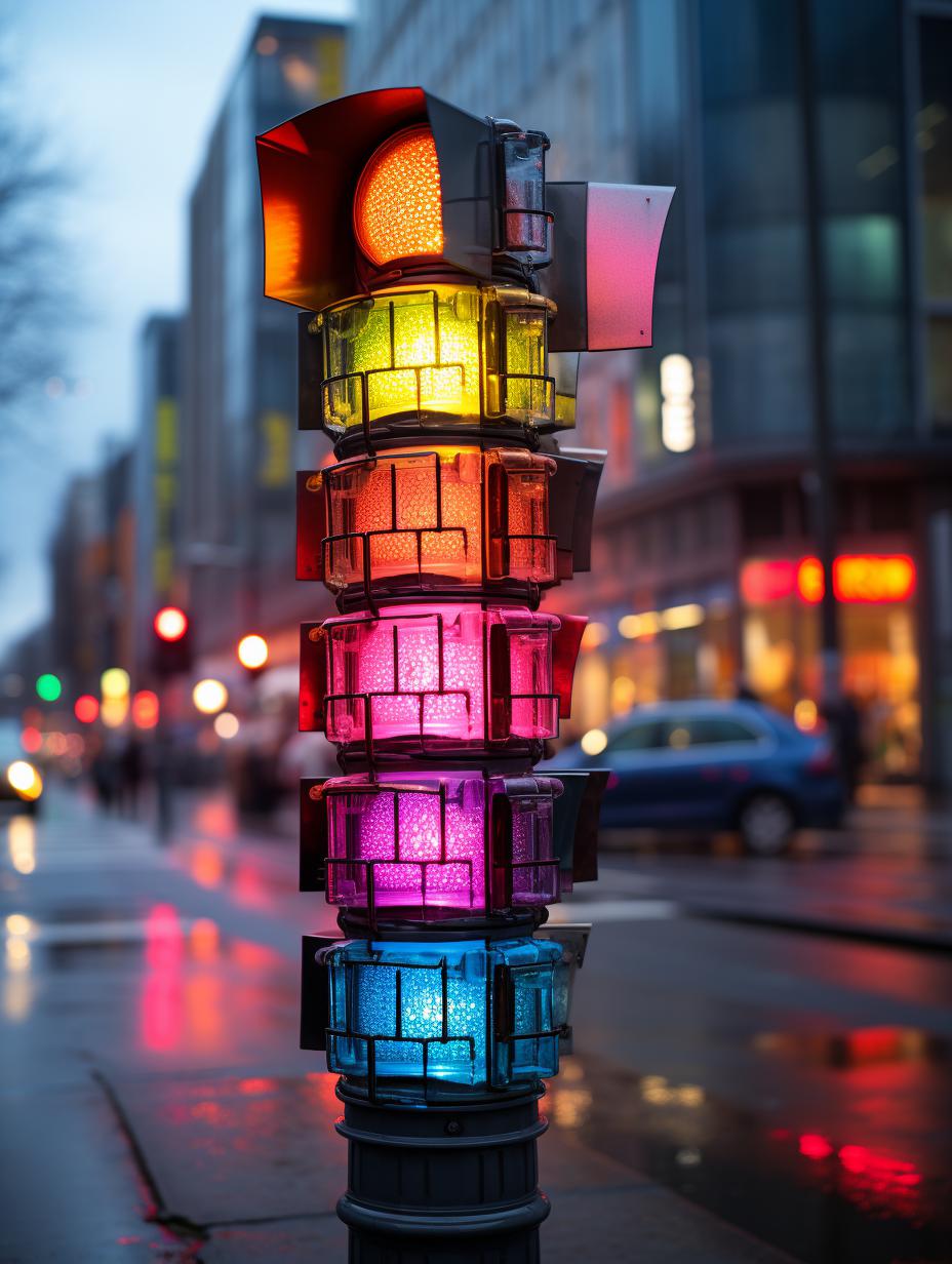 Midjourney prompt: 'this is a traffic light in Berlin, in the style of zeiss batis 18mm f/2.8, candid shots of famous figures, light indigo and green, environmental awareness, keith haring, bokeh, grandiose cityscape views --ar 3:4 --s 750 '