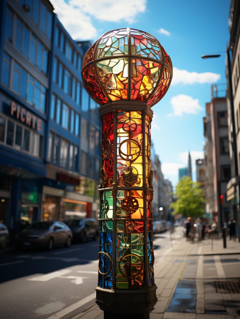 Midjourney prompt: 'this is a traffic light in Berlin, in the style of zeiss batis 18mm f/2.8, candid shots of famous figures, light indigo and green, environmental awareness, keith haring, bokeh, grandiose cityscape views --ar 3:4 --s 750 -'